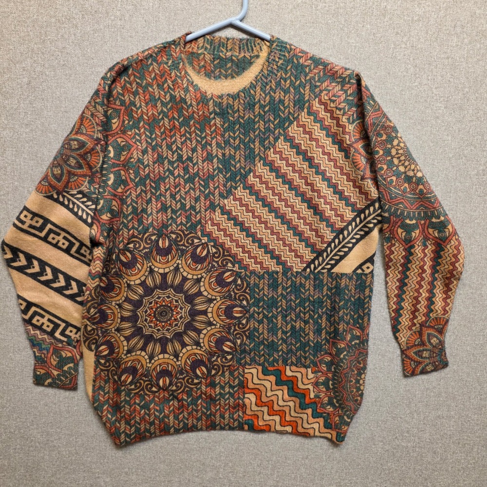 Boho Mandala Patchwork Knit Sweater Crewneck Earth Tones Size M Y2K cozy